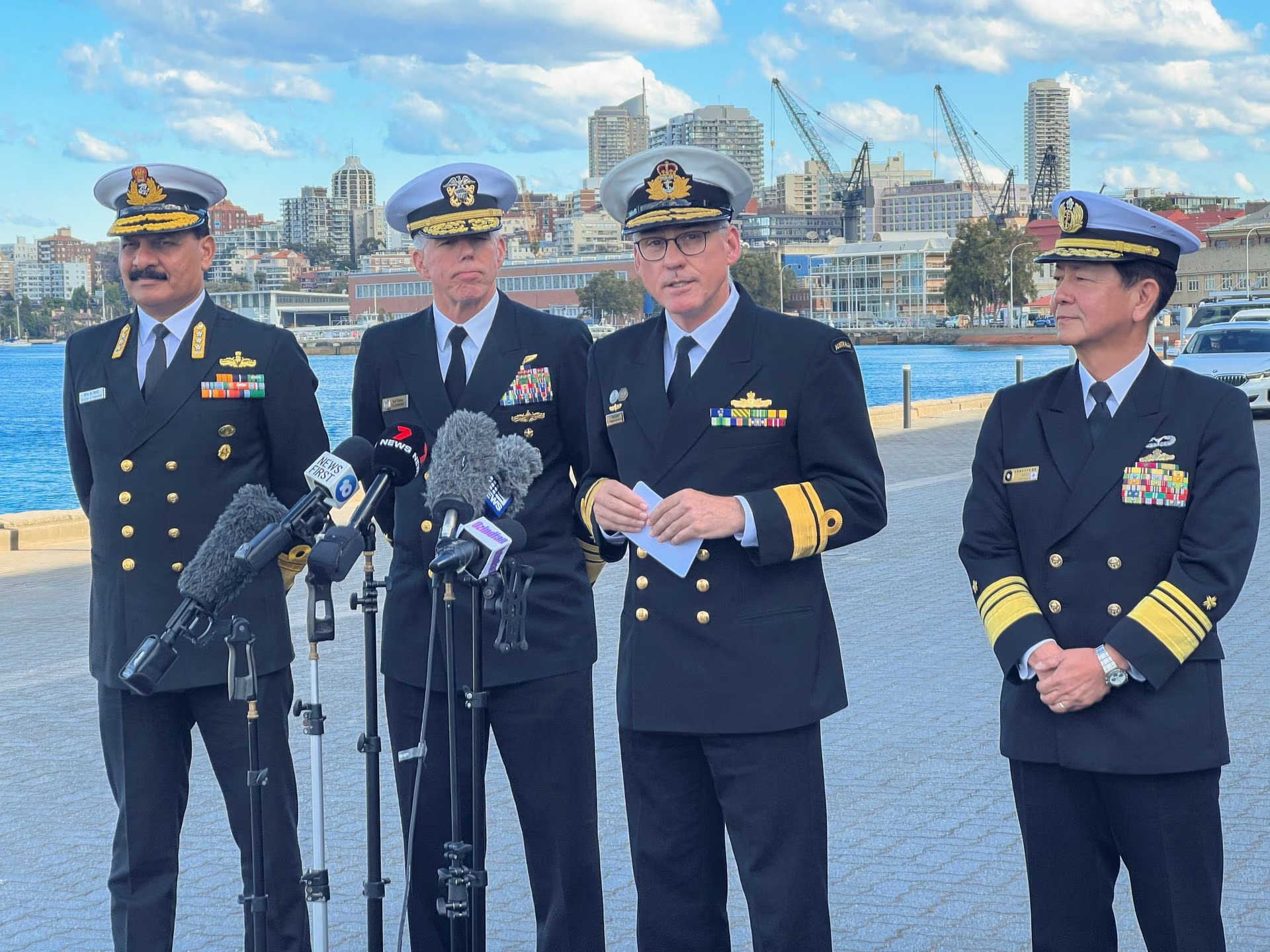 Vice admiral Saito Akira Commander in Chief of Japan Self Defense Fleet, Rear Admiral Christopher Smith, Commander Australian Fleet, Vice Admiral Dinesh Tripathi Commanding in Chief of India's Western Naval Command, and Vice Admiral Karl Thomas, Commander of the U.S. 7th Fleet attend to media as India, Japan, US, Australia will launch first Malabar naval exercise in Australian waters